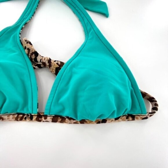 Reversible Halter Tie Bikini Top Junior Sz S Tan Black Animal Print Teal FLAW - Picture 15 of 15